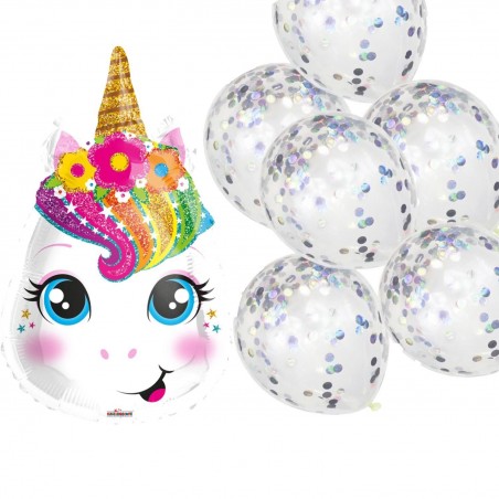 Barnkalas - Ballong Unicorn och 6 ballonger med regnbågsskimrande konfetti - 1