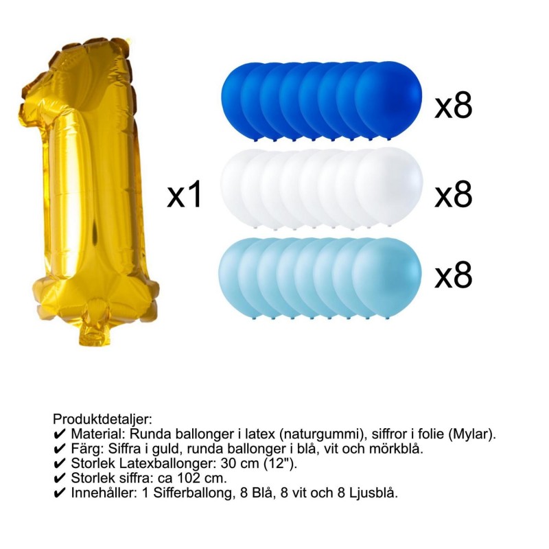 Barnkalas - Ballonger födelsedagsmix barnkalas siffra + blå/vit/mörkblå 24p - 10