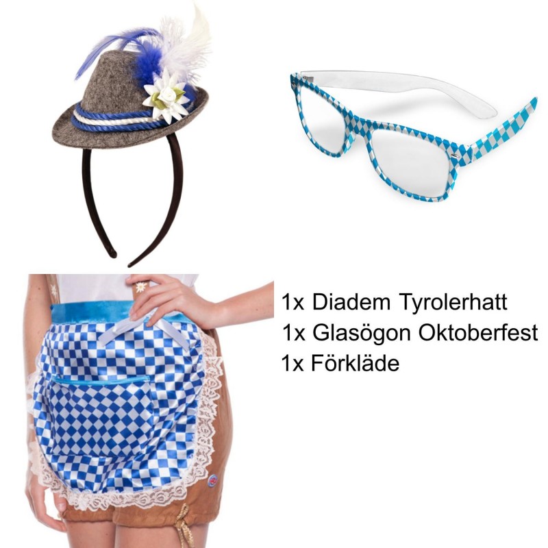 Oktoberfest tillbehör - Oktoberfest Tillbehörskit Tyrolerhatt Glasögon Förkläde  - 2