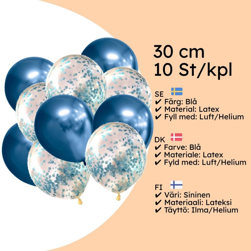 Färgglada blå och konfettiballonger som skapar en festlig atmosfär.