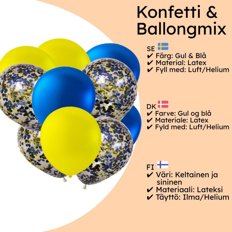 Färgglada konfettiballonger och latexballonger i gult och blått, perfekta för att fira studenten.