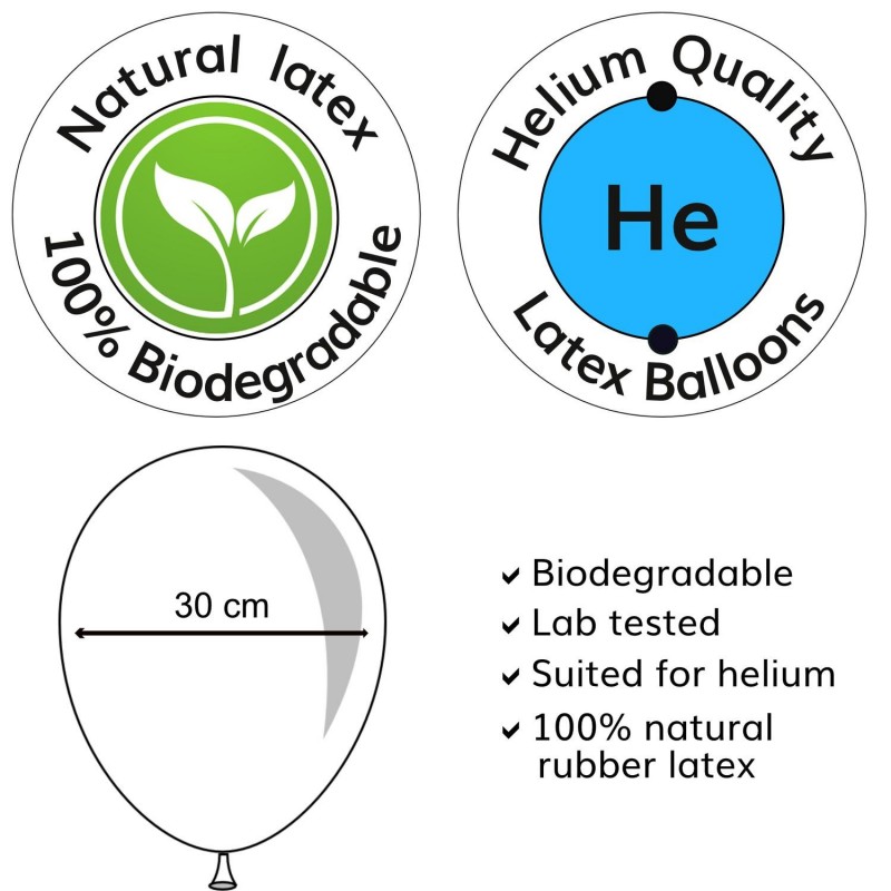 En etikett som visar orden "naturlatex", "Ballongstorlek" och "helium", för dessa ballonger.