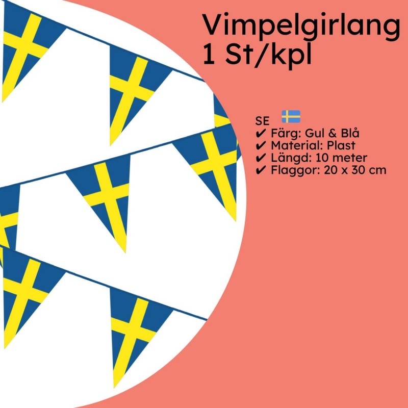 Midsommar - Pynt & Dekorationer - Vimpelgirlang 10m - Gul & Blå Sverige - 2