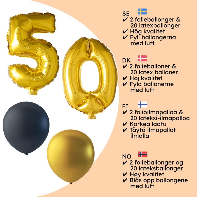 50-års Kalas Fest Födelsedag - 50-års Födelsedag Ballonger - Guld Svart - 2