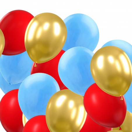 Färgglada party ballonger i röd, guld och blå - perfekt för att skapa festlig stämning på ditt nästa evenemang!