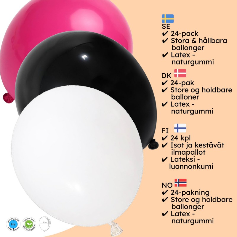 Latexballonger – Färgstarka Val för Alla Dina Festdekorationer - Ballonger Rosa, Vit och Svart 24-pack - 3