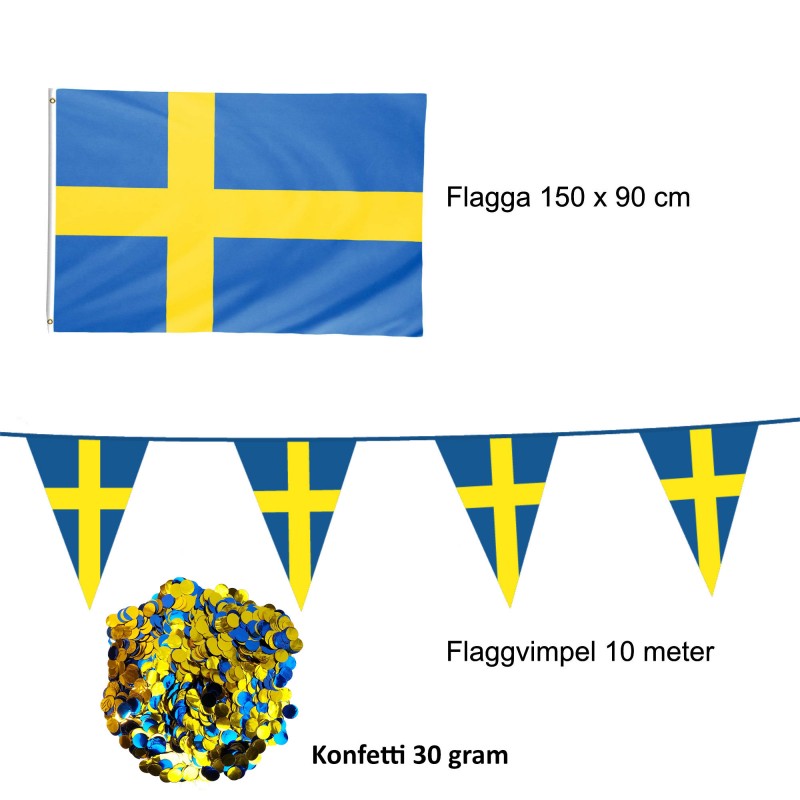 Svensk flaggdekoration med konfetti, perfekt för studentfirande och festligheter.