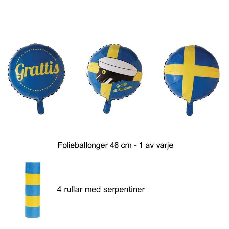 Tre olika ballonger i svenska färger plus serpentiner, perfekt för studentdekorationer.