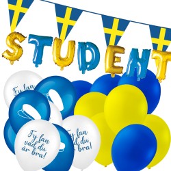 Student dekorationer - Färgglad banner med ballonger och ordet "Student", perfekt för att fira studentens stora dag.