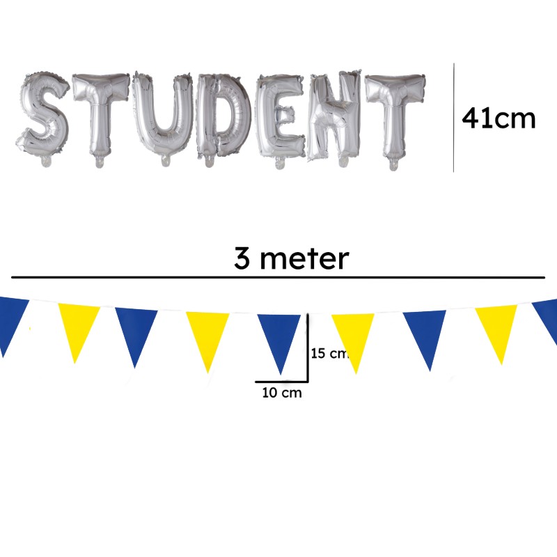 Festliga ballonger och vimplar pryder studentens firande, vilket skapar en glädjefylld och festlig stämning.