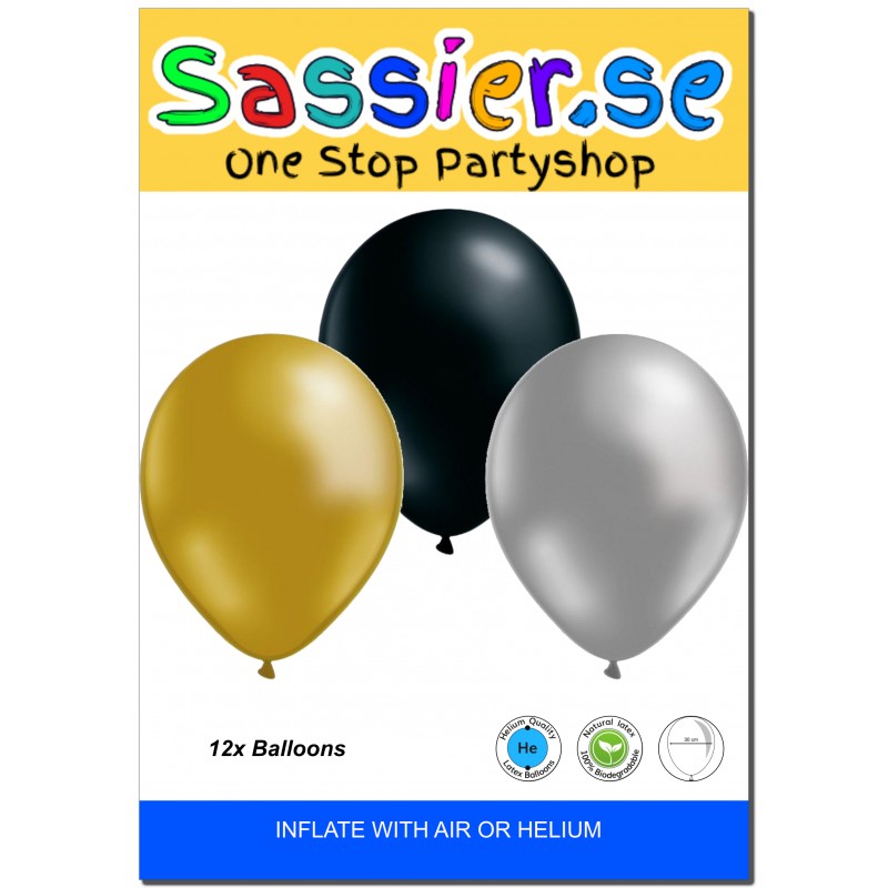 Ballonger - 12-Pack Guld, Silver och Svart 30 cm - 5