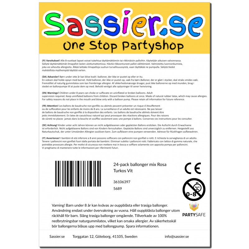 Sassier.se – Din Källa för Festdekorationer och Partytillbehör! - Ballonger 24-pack 3 färger turkos, vit och rosa - 9