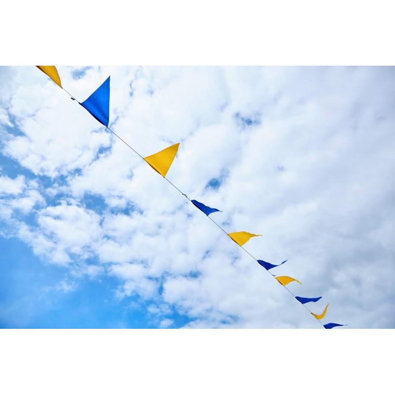 Flaggirlang i gult och blått mot en vacker sommarhimmel