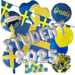 Student Dekorationer Paket XL - Student 2025 dekorerad med svenska flaggan och ett överflöd av färgglada ballonger.