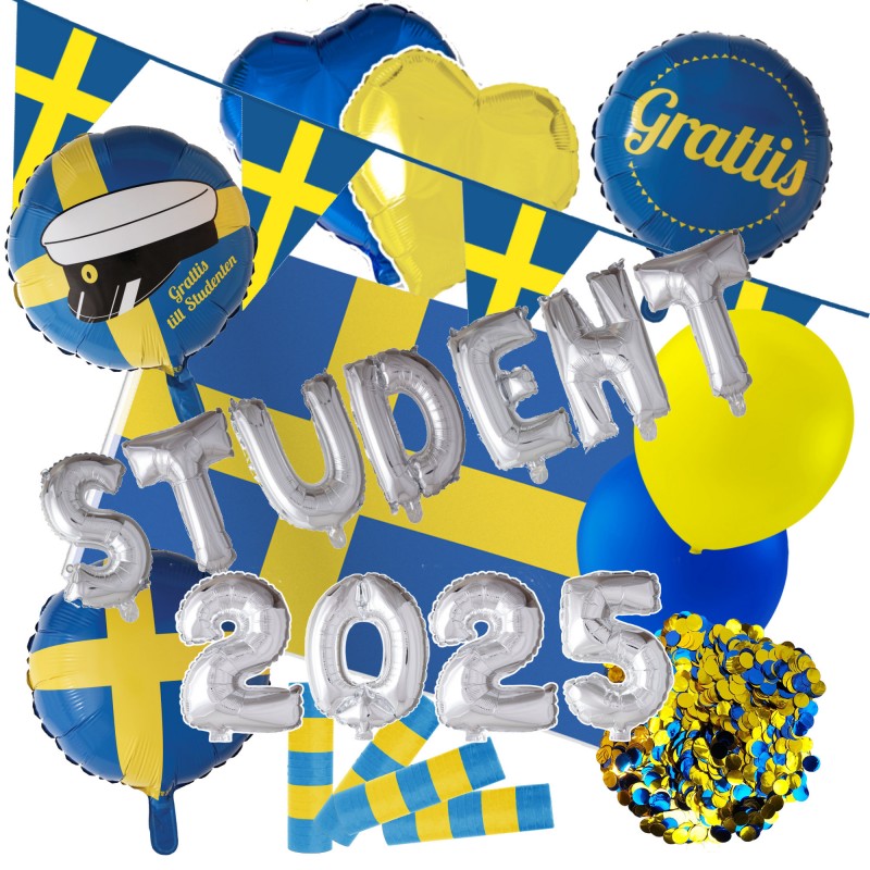 Student Dekorationer Paket XL - Student 2025 dekorerad med svenska flaggan och ett överflöd av färgglada ballonger.