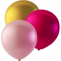 Ballonger i glada färger: rosa, guld och ljusrosa, som lyfter stämningen i rummet.