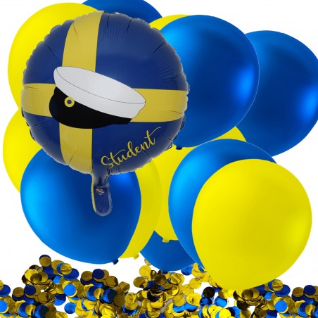 Studentballong med svensk flagga och studentmössa, en glad symbol för firandet av examen.