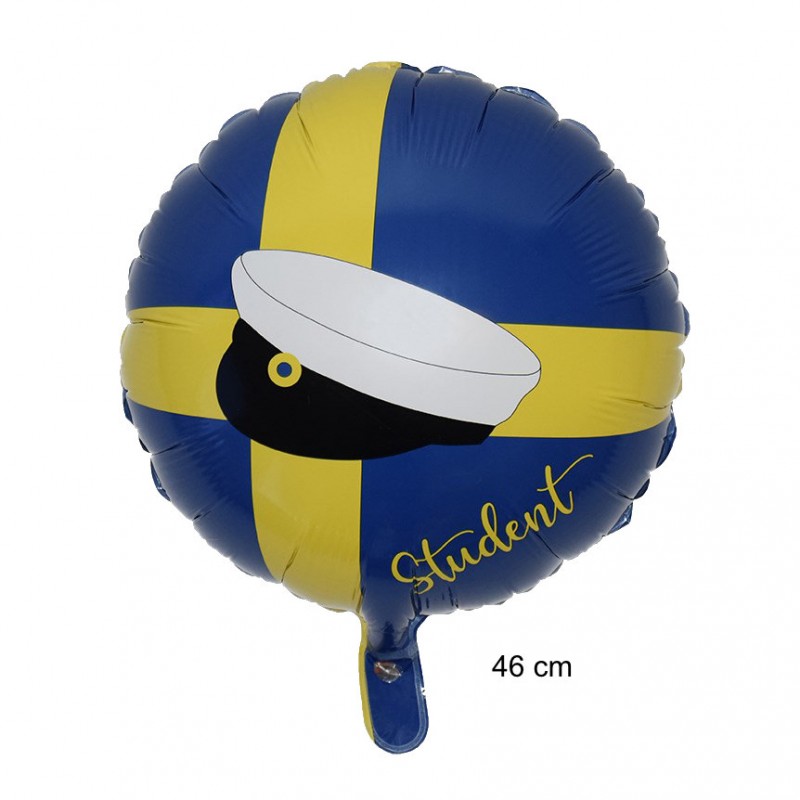 Ballong med svensk flagga och studentmössa, en festlig detalj för studentens stora dag.