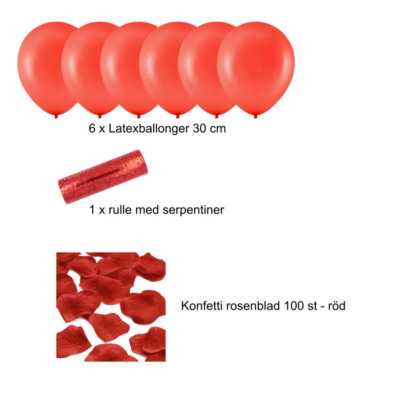 En samling röda ballonger tillsammans med serpentiner och rosenbladskonfetti på en vit bakgrund.